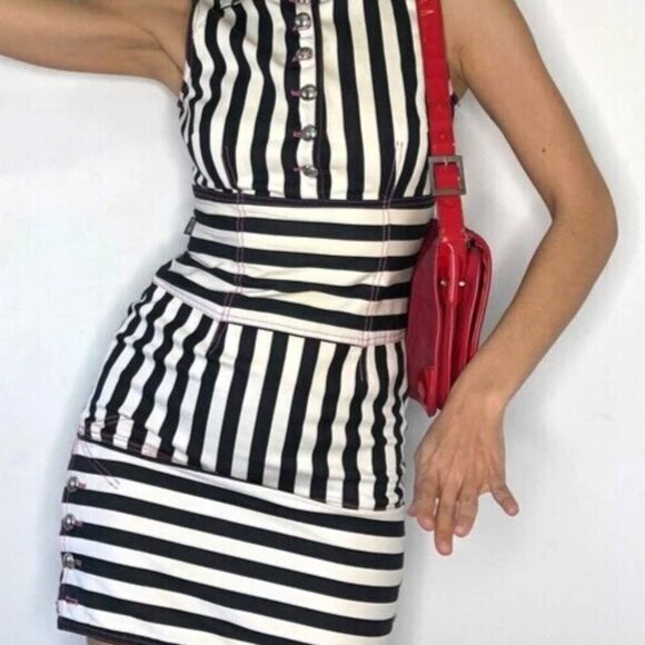 MOSCHINO JEANS BLACK WHITE STRIPED PINK STITCH BUTTON VINTAGE 1990S DRESS USA 8 - Picture 2 of 16